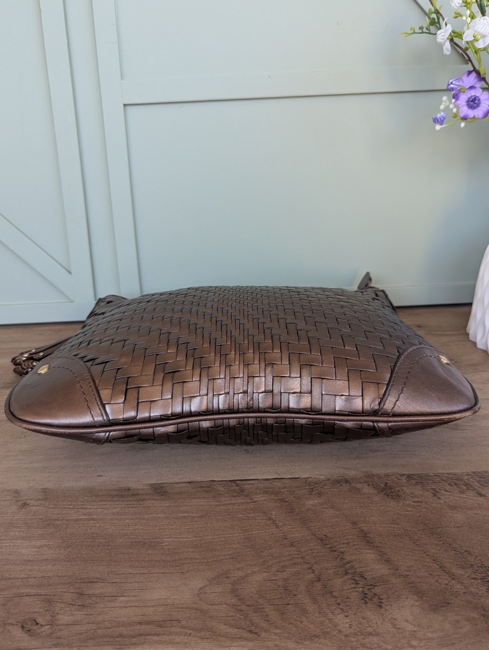 Cole Haan Bronze Woven Leather Shoulder Bag with Gold Chain - Picture 7 of 14